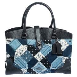 Coach Black/Blue Leather and Denim Patchwork Tote 