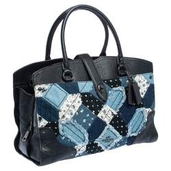Coach Black/Blue Leather and Denim Patchwork Tote 