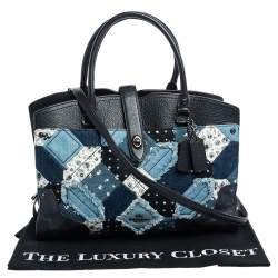 Coach Black/Blue Leather and Denim Patchwork Tote 