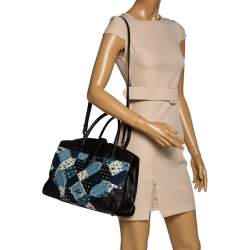 Coach Black/Blue Leather and Denim Patchwork Tote 