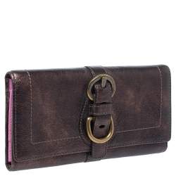 Pre Owned Coach Metallic Brown Leather Buckle Trifold Wallet