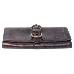 Pre Owned Coach Metallic Brown Leather Buckle Trifold Wallet