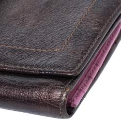 Pre Owned Coach Metallic Brown Leather Buckle Trifold Wallet