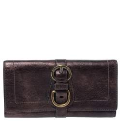 Pre Owned Coach Metallic Brown Leather Buckle Trifold Wallet