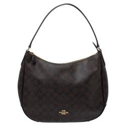 Pre Owned Coach Brown Signature Coated Canvas and Leather Zip Hobo