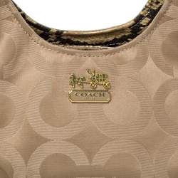 Pre Owned Coach Beige Signature Canvas and Snakeskin Effect Leather Hobo