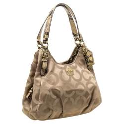 Pre Owned Coach Beige Signature Canvas and Snakeskin Effect Leather Hobo