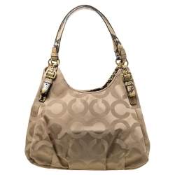 Pre Owned Coach Beige Signature Canvas and Snakeskin Effect Leather Hobo