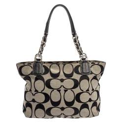 Pre Owned Coach Grey/Black Signature Canvas and Leather Tote