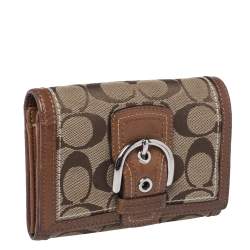 Coach Brown Signature Canvas and Leather Buckle Flap Compact Wallet