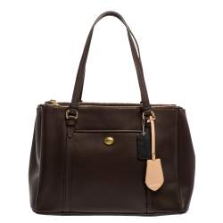 Pre Owned Coach Dark Brown Leather Double Zip Tote