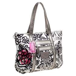 Pre Owned Coach Tri Color Floral Print Satin and Patent Leather Kyra Tote