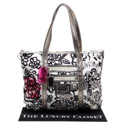 Pre Owned Coach Tri Color Floral Print Satin and Patent Leather Kyra Tote