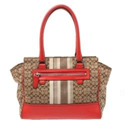 Pre Owned Coach Beige/Orange Signature Canvas and Leather Tote