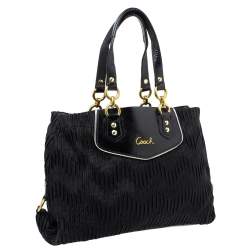 Pre Owned Coach Black Pleated Satin and Patent Leather Tote