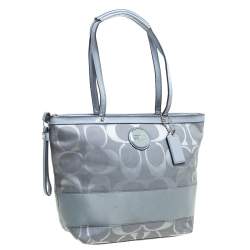 Coach Dark Grey Signature Canvas and Patent Leather Small Tote