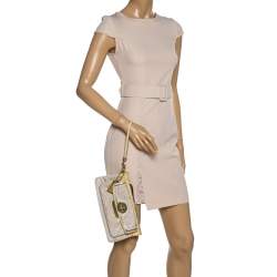 Pre Owned Coach Beige/Cream Signature Canvas and Leather Turnlock Pocket Wristlet Clutch