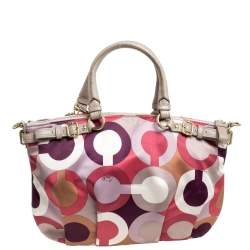 Pre Owned Coach Multicolor Op Art Satin and Leather Sophia Satchel