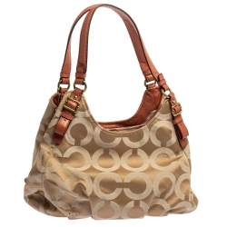 Pre Owned Coach Beige/Orange Op Art Canvas and Leather Madison Maggie Shoulder Bag