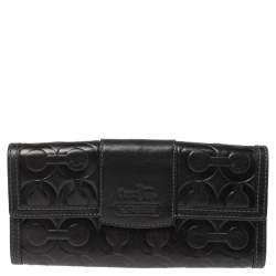 Pre Owned Coach Black Signature Embossed Leather Flap Wallet