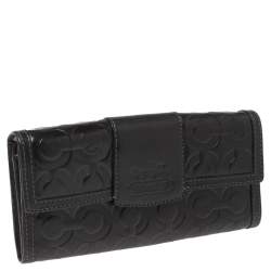 Pre Owned Coach Black Signature Embossed Leather Flap Wallet