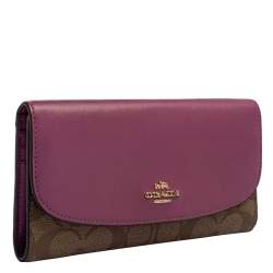 Pre Owned Coach Beige/Magenta Signature Coated Canvas and Leather Continental Wallet