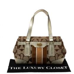 Pre Owned Coach Beige/Gold Canvas and Leather Hampton Tote