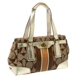Pre Owned Coach Beige/Gold Canvas and Leather Hampton Tote