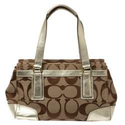 Pre Owned Coach Beige/Gold Canvas and Leather Hampton Tote