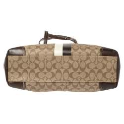 Pre Owned Coach Beige/Brown Signature Coated Canvas and Leather Heritage Stripe Tote