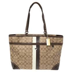 Pre Owned Coach Beige/Brown Signature Coated Canvas and Leather Heritage Stripe Tote