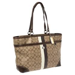 Pre Owned Coach Beige/Brown Signature Coated Canvas and Leather Heritage Stripe Tote