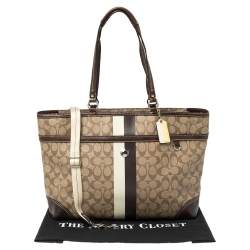 Pre Owned Coach Beige/Brown Signature Coated Canvas and Leather Heritage Stripe Tote