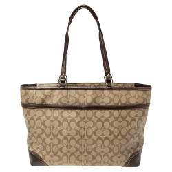 Pre Owned Coach Beige/Brown Signature Coated Canvas and Leather Heritage Stripe Tote