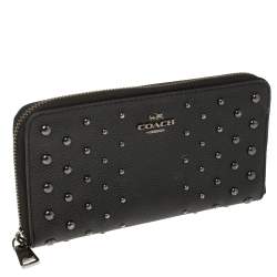 Pre Owned Coach Black Studded Leather Accordion Zip Around Wallet