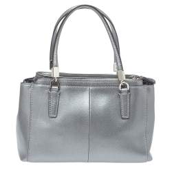 Pre Owned Coach Metallic Grey Leather Mini Christie Double Zip Tote