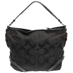 Pre Owned Coach Black Signature Canvas and Patent Leather Katarina Hobo