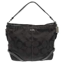 Pre Owned Coach Black Signature Canvas and Patent Leather Katarina Hobo