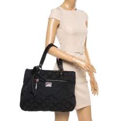 Pre Owned Coach Black Op Art Canvas and Patent Leather Glam Tote