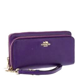 Pre Owned Coach Purple Leather Zip Around Wallet