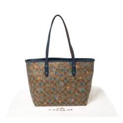 Pre Owned  Coach Blue/Beige Floral Print Signature Coated Canvas and Leather City Zip Tote