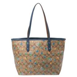 Pre Owned  Coach Blue/Beige Floral Print Signature Coated Canvas and Leather City Zip Tote