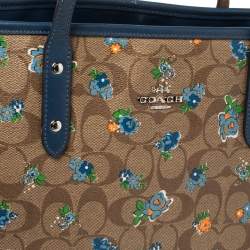 Pre Owned  Coach Blue/Beige Floral Print Signature Coated Canvas and Leather City Zip Tote