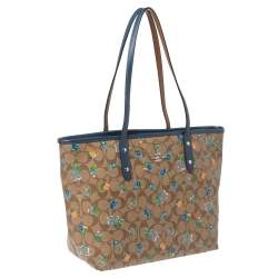 Pre Owned  Coach Blue/Beige Floral Print Signature Coated Canvas and Leather City Zip Tote