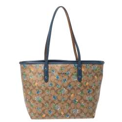 Pre Owned  Coach Blue/Beige Floral Print Signature Coated Canvas and Leather City Zip Tote