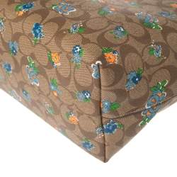 Pre Owned  Coach Blue/Beige Floral Print Signature Coated Canvas and Leather City Zip Tote