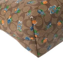 Pre Owned  Coach Blue/Beige Floral Print Signature Coated Canvas and Leather City Zip Tote