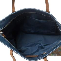 Pre Owned  Coach Blue/Beige Floral Print Signature Coated Canvas and Leather City Zip Tote