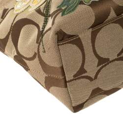 Pre Owned Coach Gold/Beige Signature Floral Applique Canvas and Leather Tote 