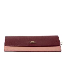 Pre Owned Coach Peach/Maroon Leather Flap Continental Wallet 